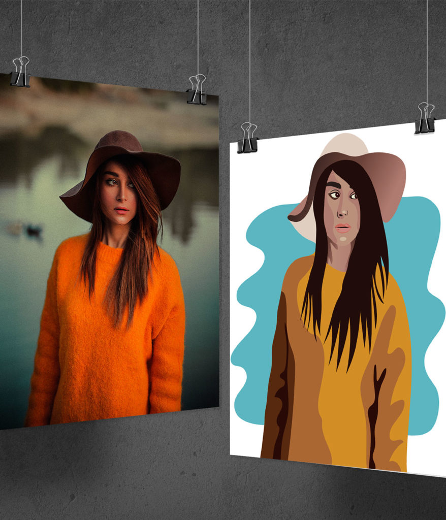 Photo et dessin montrant une femme en flat design